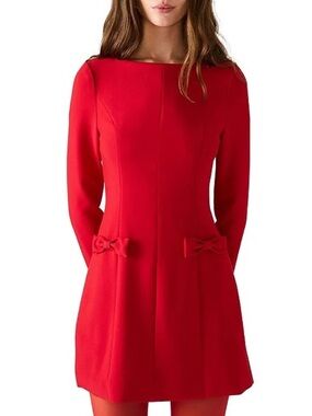 Red Skater Dress Bow Detail Long Sleeve Small Feminine Holiday Party small